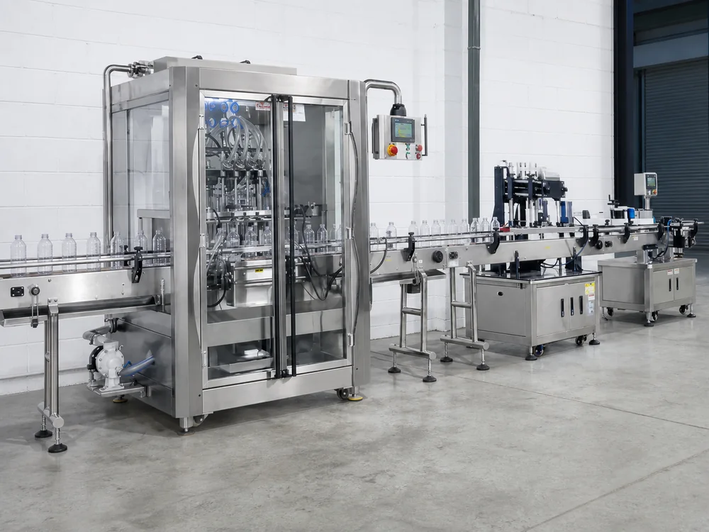 Automatic filling and labelling machinery arranged as a production line