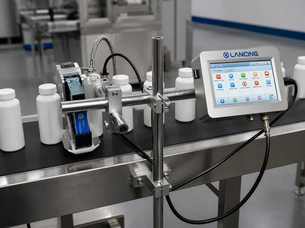 Industrial coding station marking containers on a packaging line