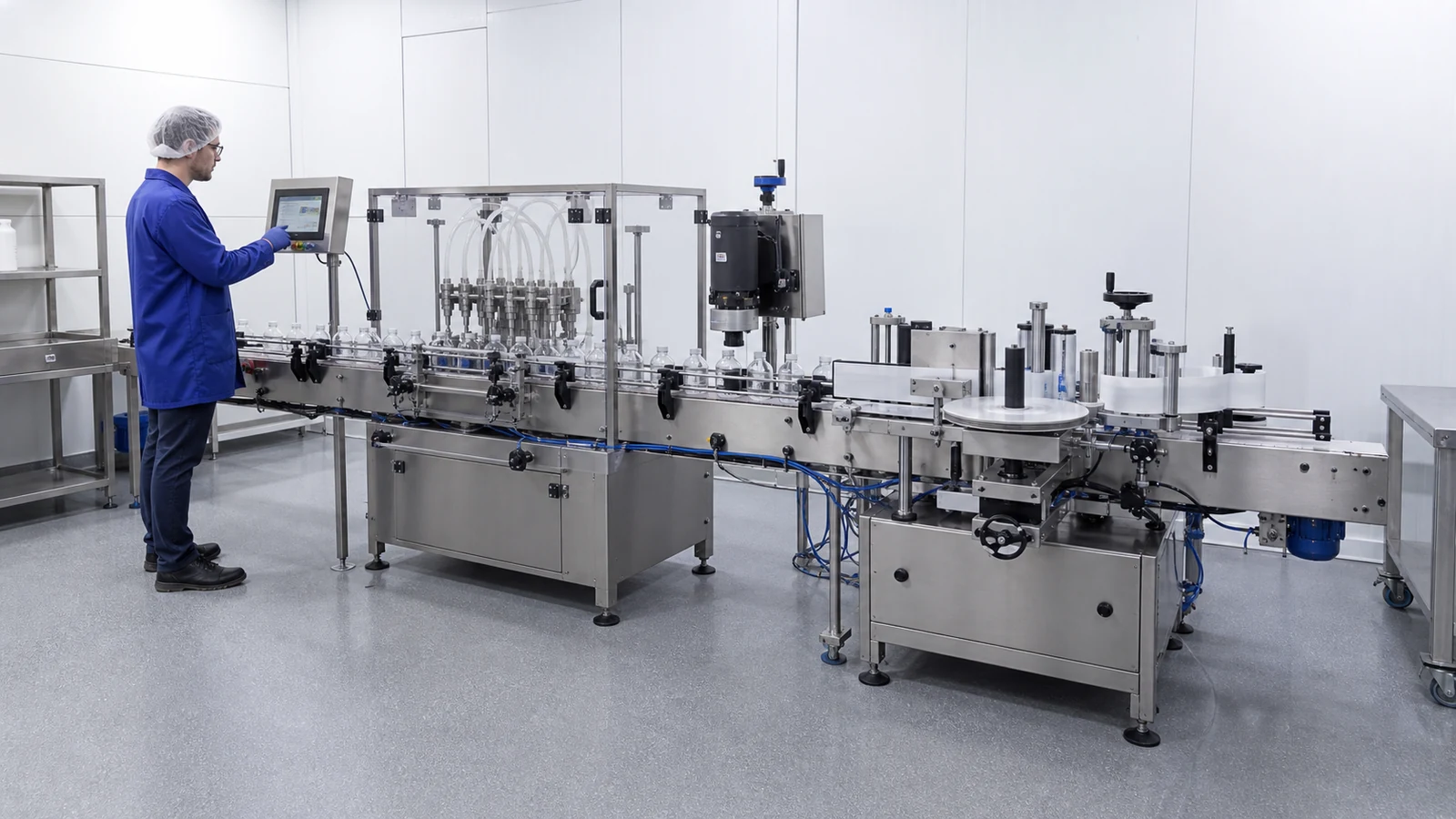 Compact filling, capping and labelling line running in a clean production room