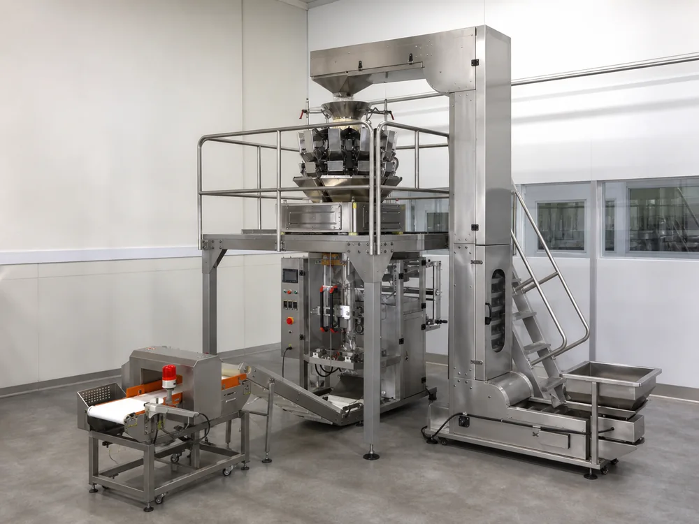 Vertical form fill and seal machine producing bags in a food production area