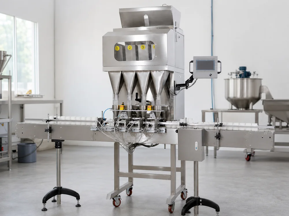 Automatic auger machine filling powder into tubs