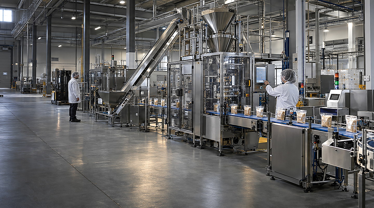 Packaging machinery and conveyors in a large indoor production area.
