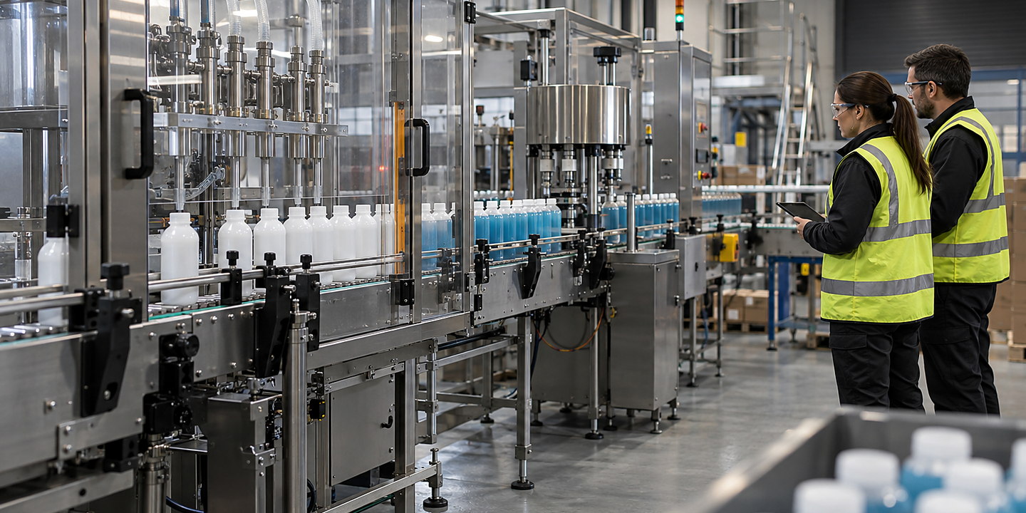 Packaging machinery and conveyors in a large indoor production area.