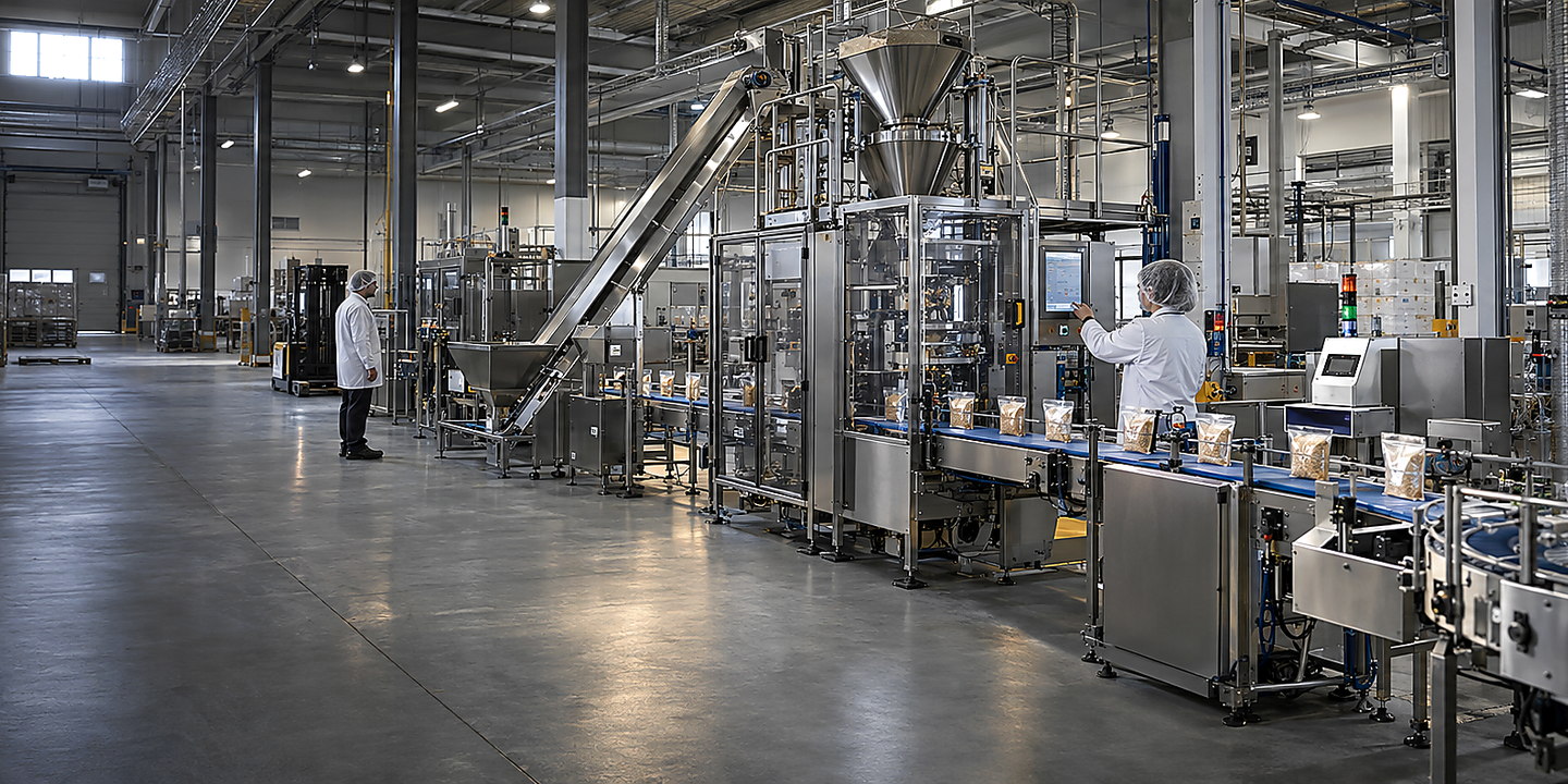Packaging machinery and conveyors in a large indoor production area.