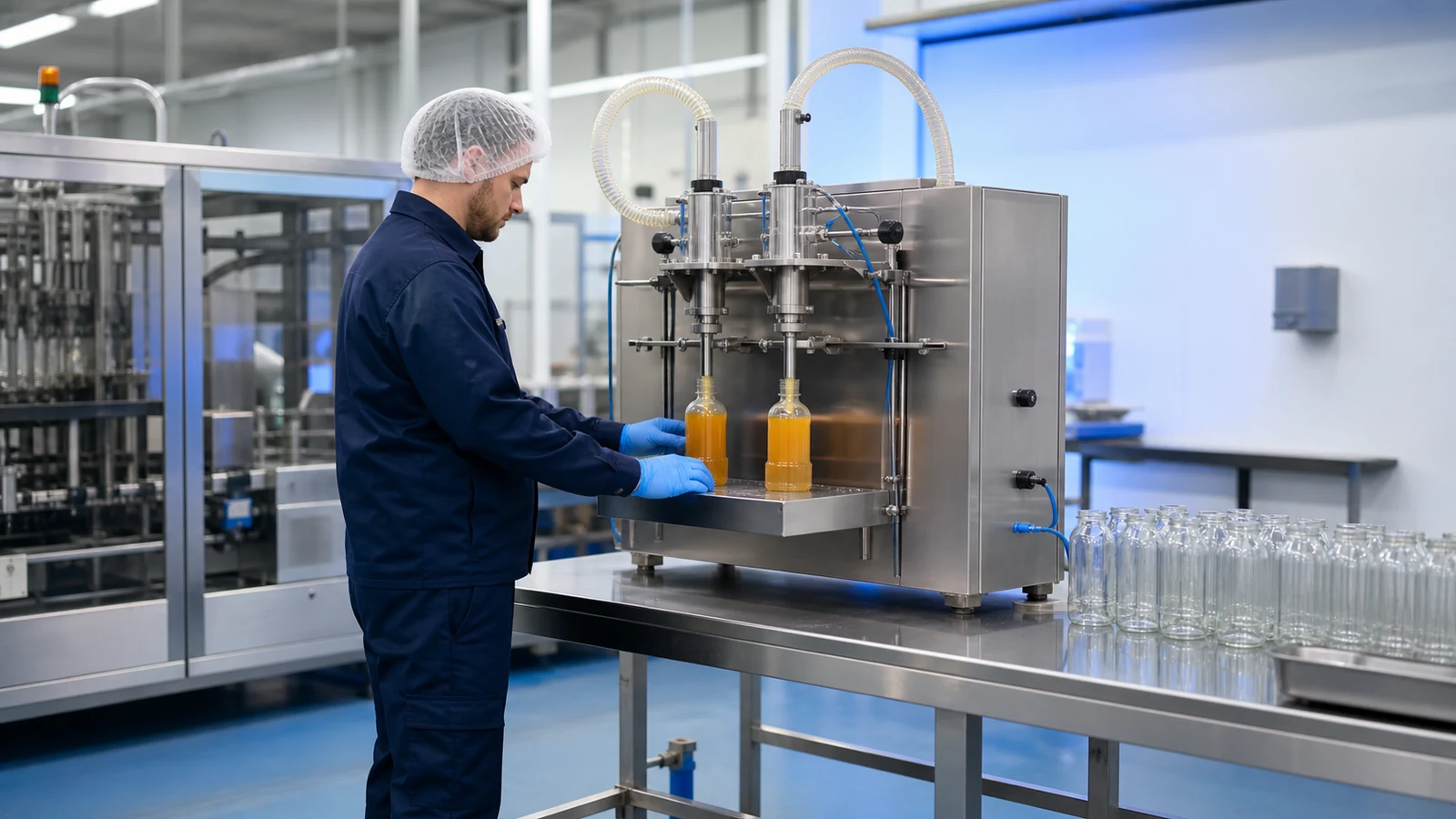 Operator using semi-automatic twin-head filling equipment on a production floor